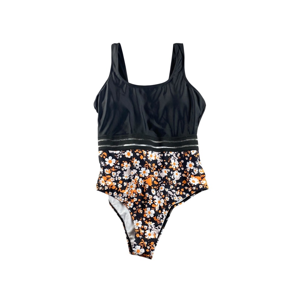 Womens One Piece Swimsuit Black Floral Print Tankini Style Mesh Accent Size L - Picture 2 of 4